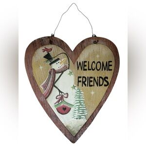 ‘WELCOME FRIENDS’ WOODEN SNOWMAN DECORATION RUSTIC CHRISTMAS